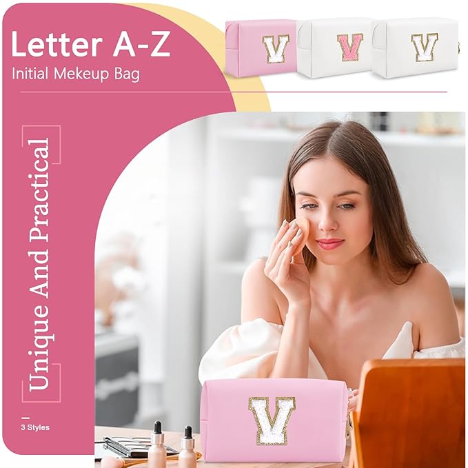 Personalized Initial A-Z Preppy Patch Makeup Bag,Small PU Chenille Letter Cosmetic Bag with Zipper for Teen Girls,Pink Cute Toiletry Organizer Bag,Monogram Makeup Case Gift for Women Girls,Letter V