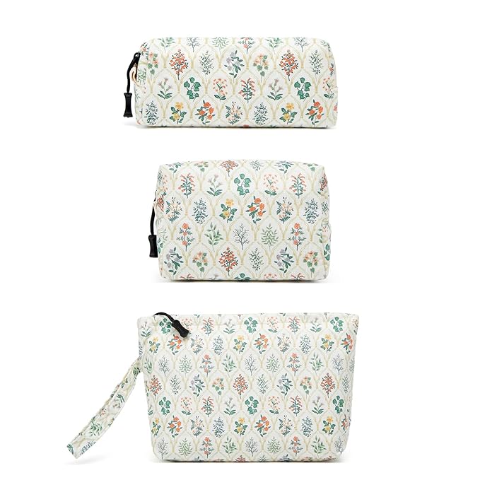 ZOEMTIU Makeup bag set small Cosmetic bag for women purse Corduroy Organizer with interior Pockets Pencil zipper Pouch travel Toiletry Bag with handle(Multi-Plants)