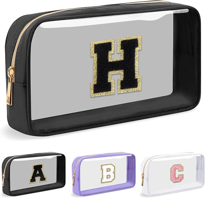 UIXIZQ Personalized Initial Letter Clear Makeup Bag,Preppy Small Nylon&PVC Cosmetic Zipper Bag with Chenille Letter,Travel Skincare Toiletry Bag,Monogram Christmas Gift for Teen Girls Women,H