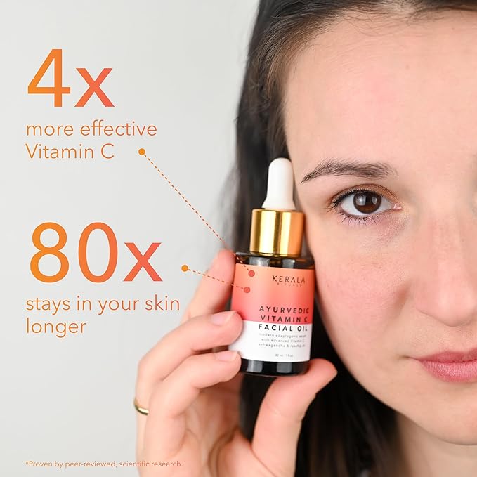 Kerala Botanics Ayurvedic Vitamin C Face Oil – Brightening Face Serum with Bakuchiol, Rosehip Oil & Squalane for Dark Spots, Fine Lines & Dull Skin – Non-Greasy Glow Oil for All Skin Types, 1 Fl Oz