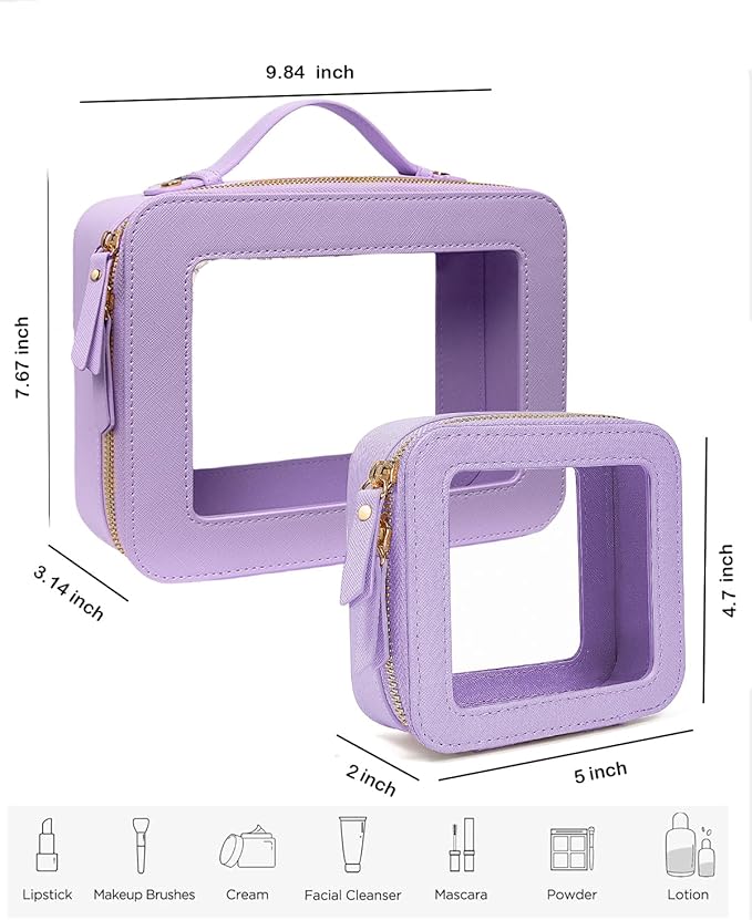 2Pcs Travel Clear Makeup Bag, Purple Mahjong Tile Bag Cosmetic Case with Zipper Portable Makeup Pouch Toiletry Bag Women Traveling Cosmetic Organizer Storage Bag Car Organizer Car Essentials for Women