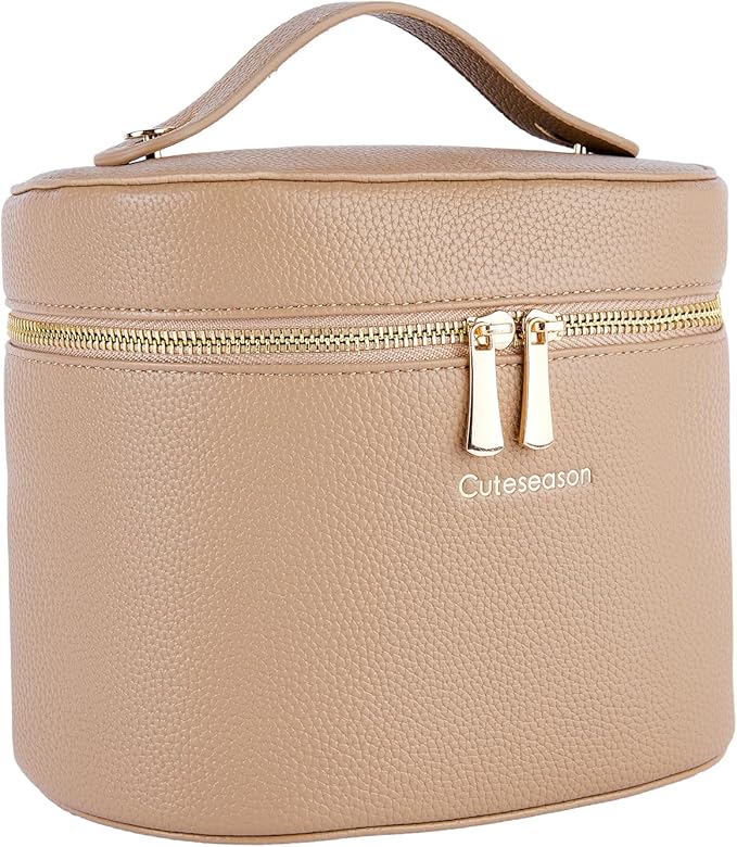 Cuteseason Large Makeup Bag Organizer, PU Leather Makeup Case with Removable Dividers, Waterproof Travel Cosmetic Bag (Khaki)
