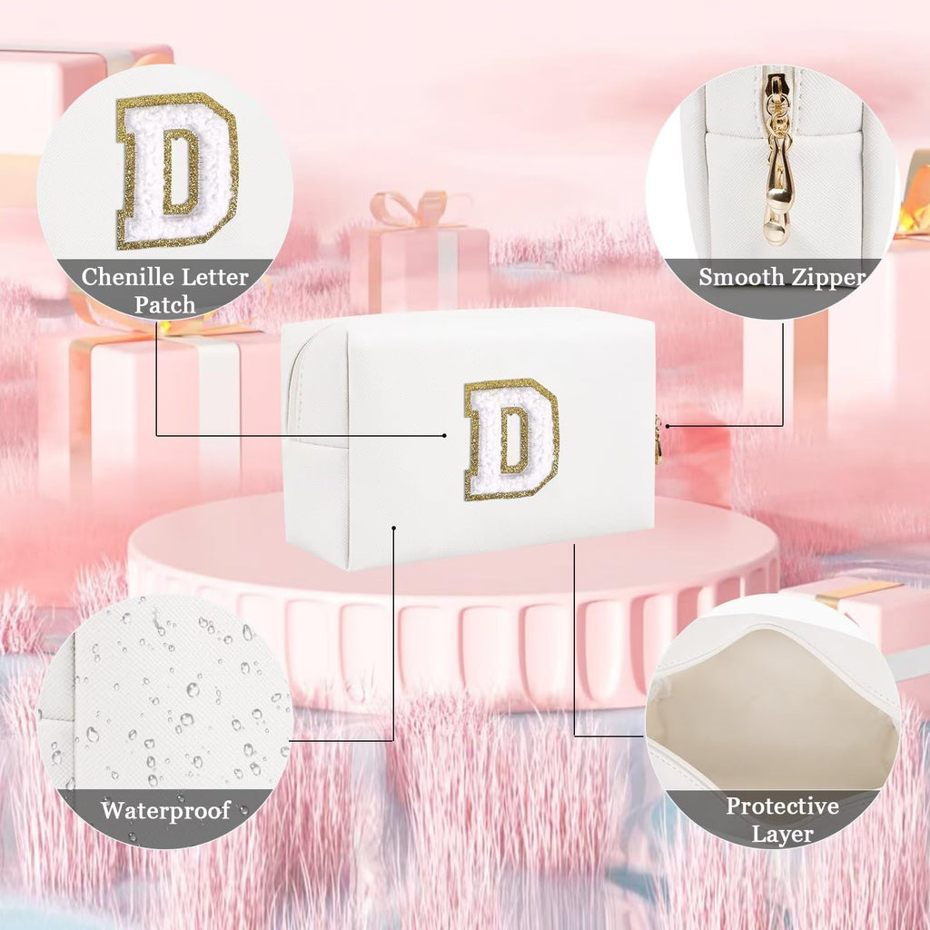Small Personalized Letter Makeup Bag, Cute PU Leather Chenille Letters Cosmetic Bag Travel Makeup Pouch, Preppy Travel Organizer Zipper Pouch for Women&Girls（White-D）