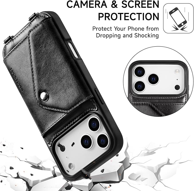 LUCKYCOIN Crossbody Phone Case for iPhone 17 Pro Max, 100% Genuine Leather Phone Wallet Case for Women, Premium Hands-Free Phone Purse with Expandable Flip Card Holder & Adjustable Strap - Retro Black
