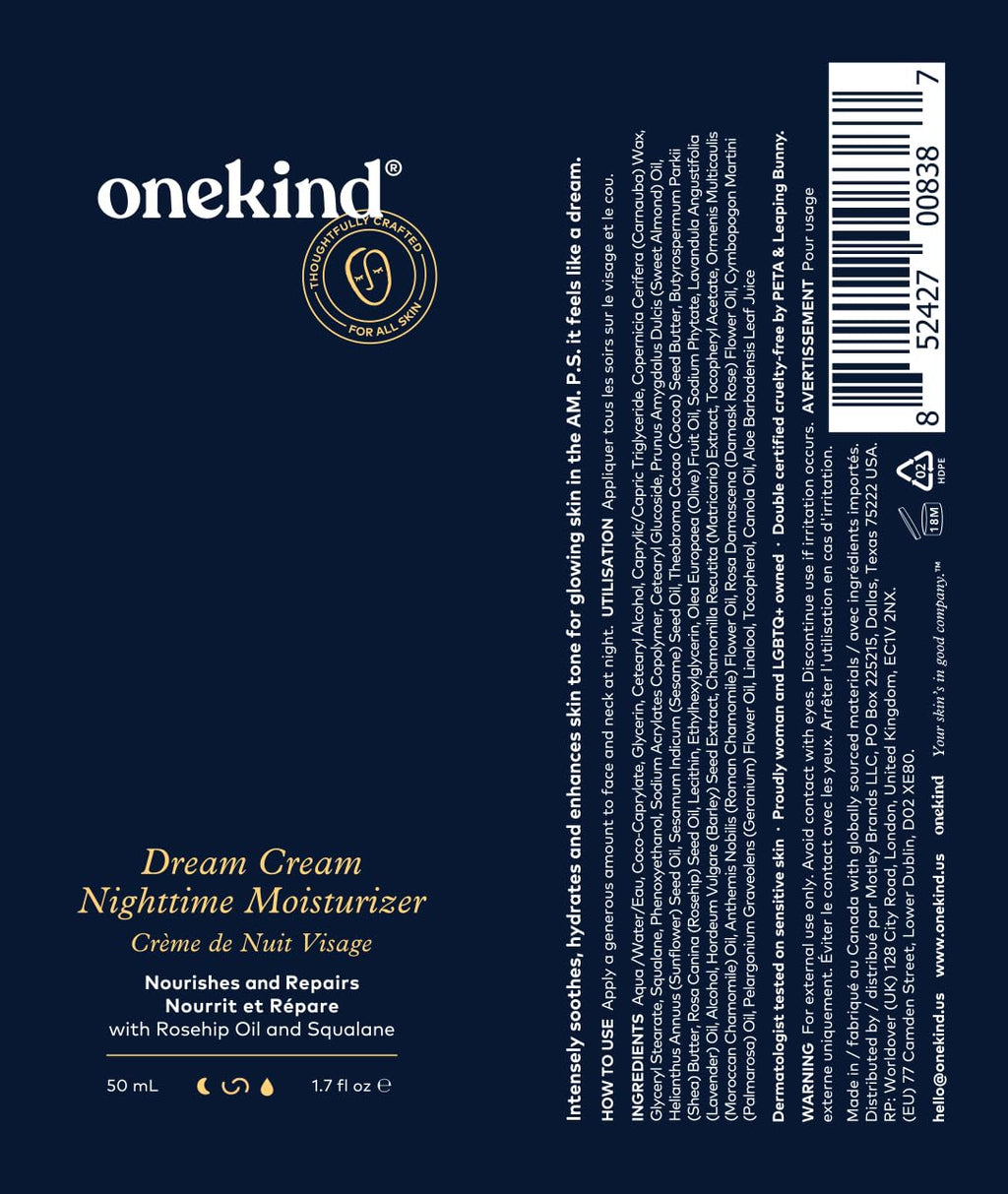 Onekind Night Moisturizer for Face, Hydrating Dream Cream for Wrinkles, Night Cream for Women Anti Aging with Squalane, Rosehip & Shea Butter for Dry & Sensitive Skin – 1.7 oz
