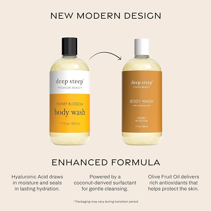 Deep Steep Honey Blossom Body Wash, Hydrating Shower Gel with Hyaluronic Acid & Shea Butter for Sensitive Skin, Bodywash for Women & Men, 17 Fl Oz, 1-Pack
