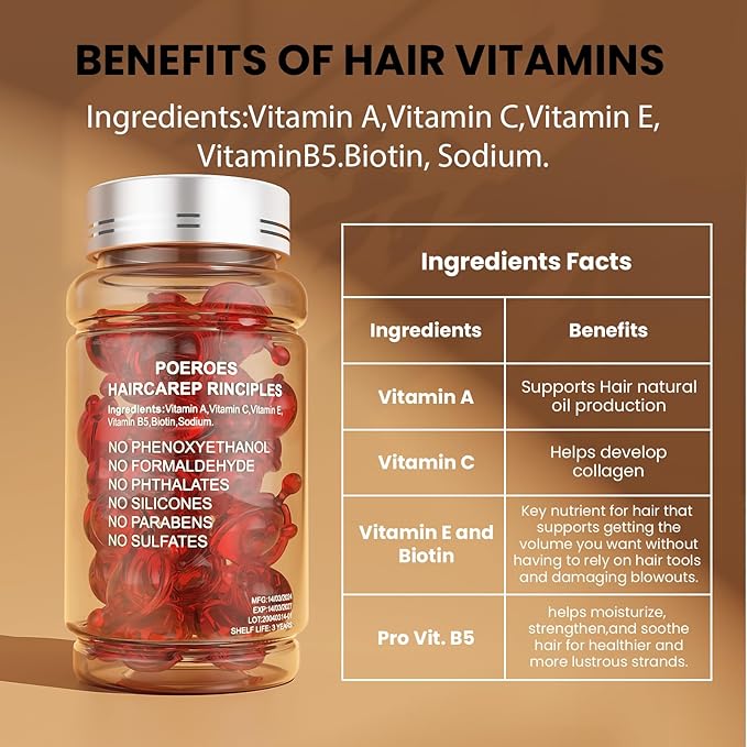 POEROES Hair Oil 50 Capsules - Hair Vitamins A C E Pro B5 - Hair Treatment Serum - Serum for Frizzy and Damaged Hair - Argan & Avocado Oil - Leave in Conditioner for Women & Men