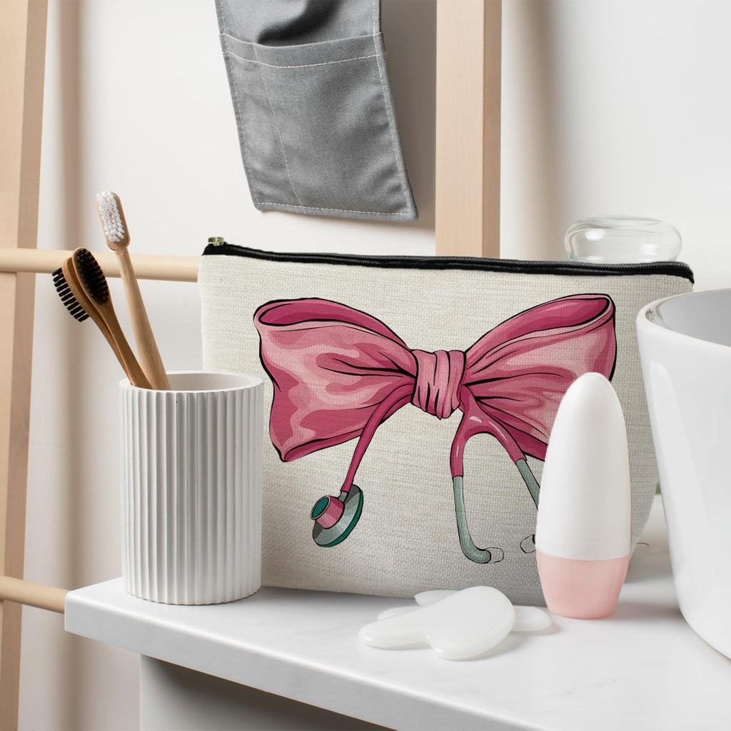 RYYCDOI Pink Coquette Bow Stethoscope Nurse Makeup Bag, Nurse Gifts for Women Cosmetic Bags, Nurse Week Gifts Makeup Pouch, Nurse Appreciation Gifts Zipper Pouch