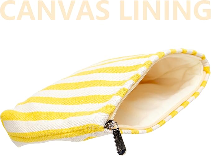 Flat Makeup Bag for Women,Zipper Cosmetic Pouch for Purse,Stripe Yellow