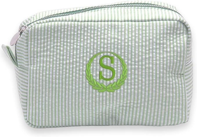 jcyif Custom Makeup Bag Personalized Cosmetic Bag Cute Seersucker Travel Toiletry Bag for Women Embroidered Bag Organizer for Bride Makeup Bag Gift Green