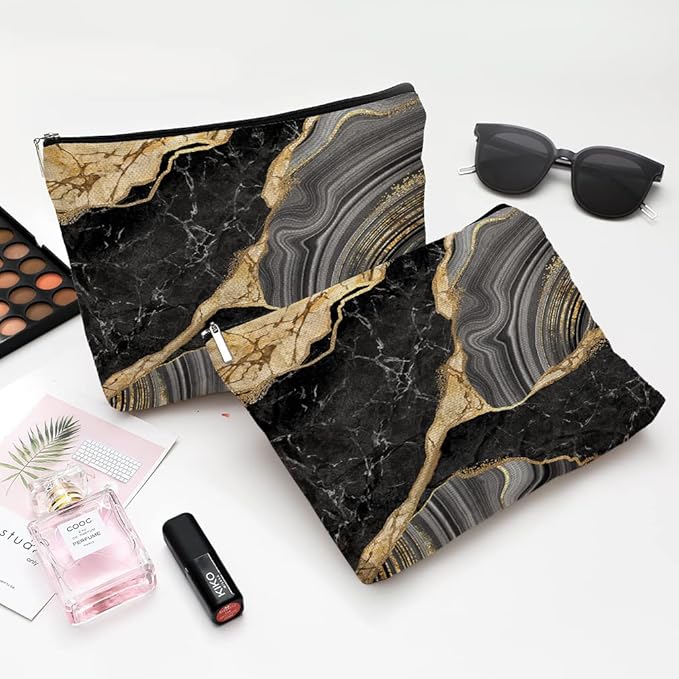 Givotin Cute Makeup Bag for Purse Canvas Waterproof Funny Cosmetic Bags for Women Zipper Travel Toiletry Pouch-Black Marble Makeup Bags