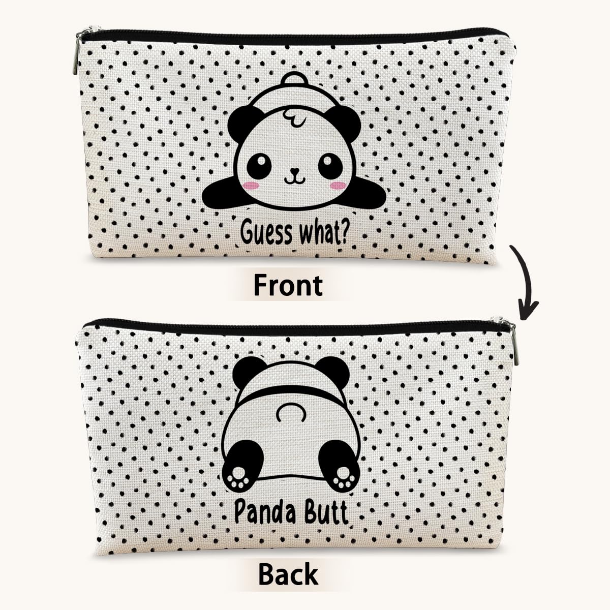 BARPERY Panda Gifts Dots Makeup Bag,Gifts for Panda Lover Wonmen Girls,Cute Baby Panda Guess What It's Pug Butt Cosmetic Bag,Makeup Case for Teen Girls Daughter,Panda Accessories,Canvas Zipper Pouch