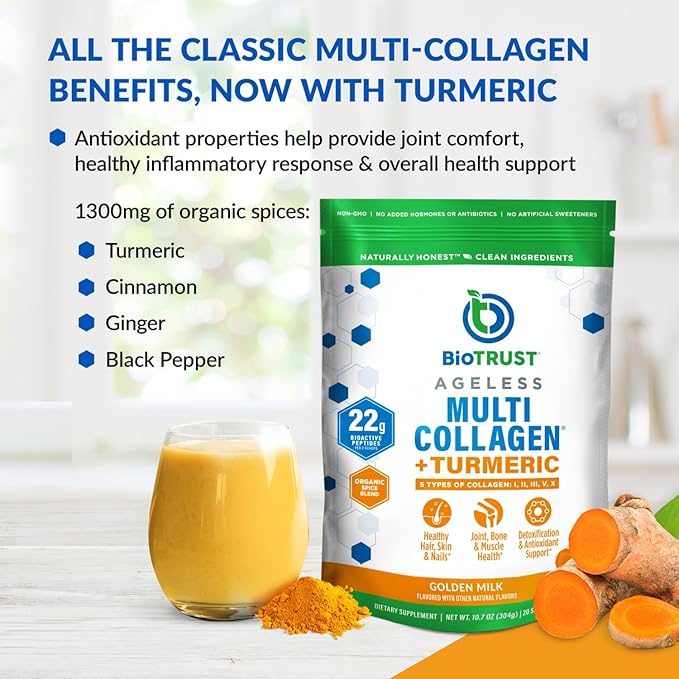 Multi Collagen Peptides Powder - Hydrolyzed, Grass Fed, Golden Milk