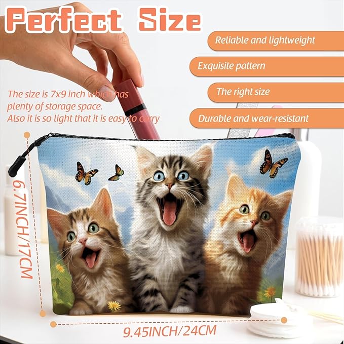 Scribesense Cosmetic Bags Travel Makeup Toilet Case Waterproof Pouch for Women Girls 6.7X9.45inches - Kittens With Butterflies in A Mountain - Sky Background