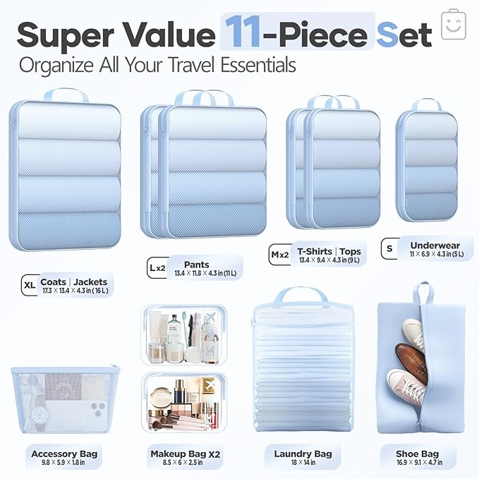 Veken 11 Set Compression Packing Cubes Garment Bags for Travel Essentials,Compressible Expandable Luggage Organizer Bags for Clothing,Space Saver Bags with Over 1000 pcs of Mesh Holes(Light Blue)