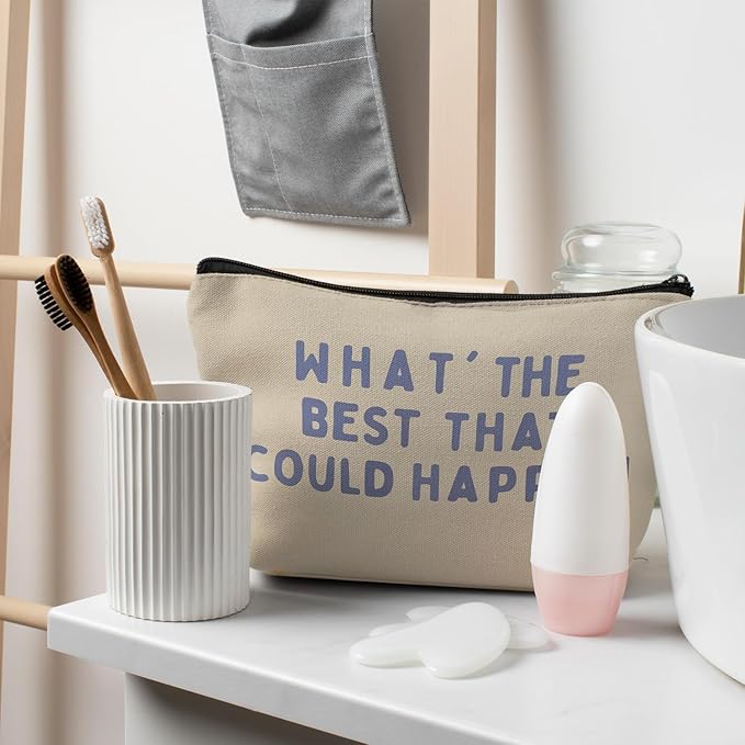 MKGRXZCW What's the Best That Could Happen Inspirational Makeup Bag for Purse, Positive Affirmations Gifts Cosmetic Bag Travel Toiletry Bag for Women, Motivational Zipper Makeup Pouch