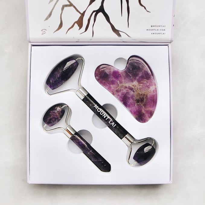 Mount Lai - The Amethyst Trio Calming Facial Set | Amethyst Face Roller and Gua Sha Set | Gua Sha Tools to Relieve Muscle Tension and Reduce Puffiness | Anti Aging Skin Care Sets for Women