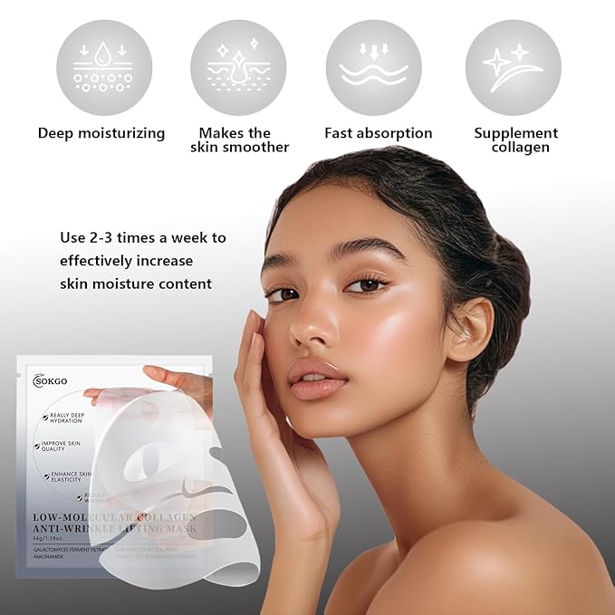Sokgo Low Molecular Weight Collagen Overnight Hydrogel Mask, Enhances Skin Elasticity, Reduces Pores, Transforms from White to Transparent Upon Absorption Skin Care Treatment.
