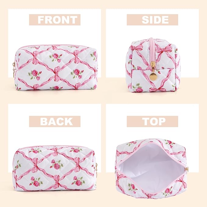 UUYUUY Makeup Bag Travel Toiletry Bag for Women, Small Cosmetic Bags Cute Quilted Cotton Makeup Pouch for Purse Emergency Bag Floral Pencil Case Accessory Bag, Bow and Floral