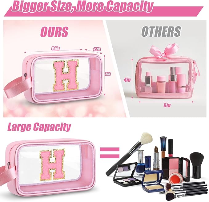 Vodolo Initial Makeup Bag,Letter H Cute Clear Monogrammed Cosmetic Travel Bag for Womens Girls,Personalized Pink Aesthetic Traveling Make Up Organizer Bag for Beach,Waterproof Toiletry Bag