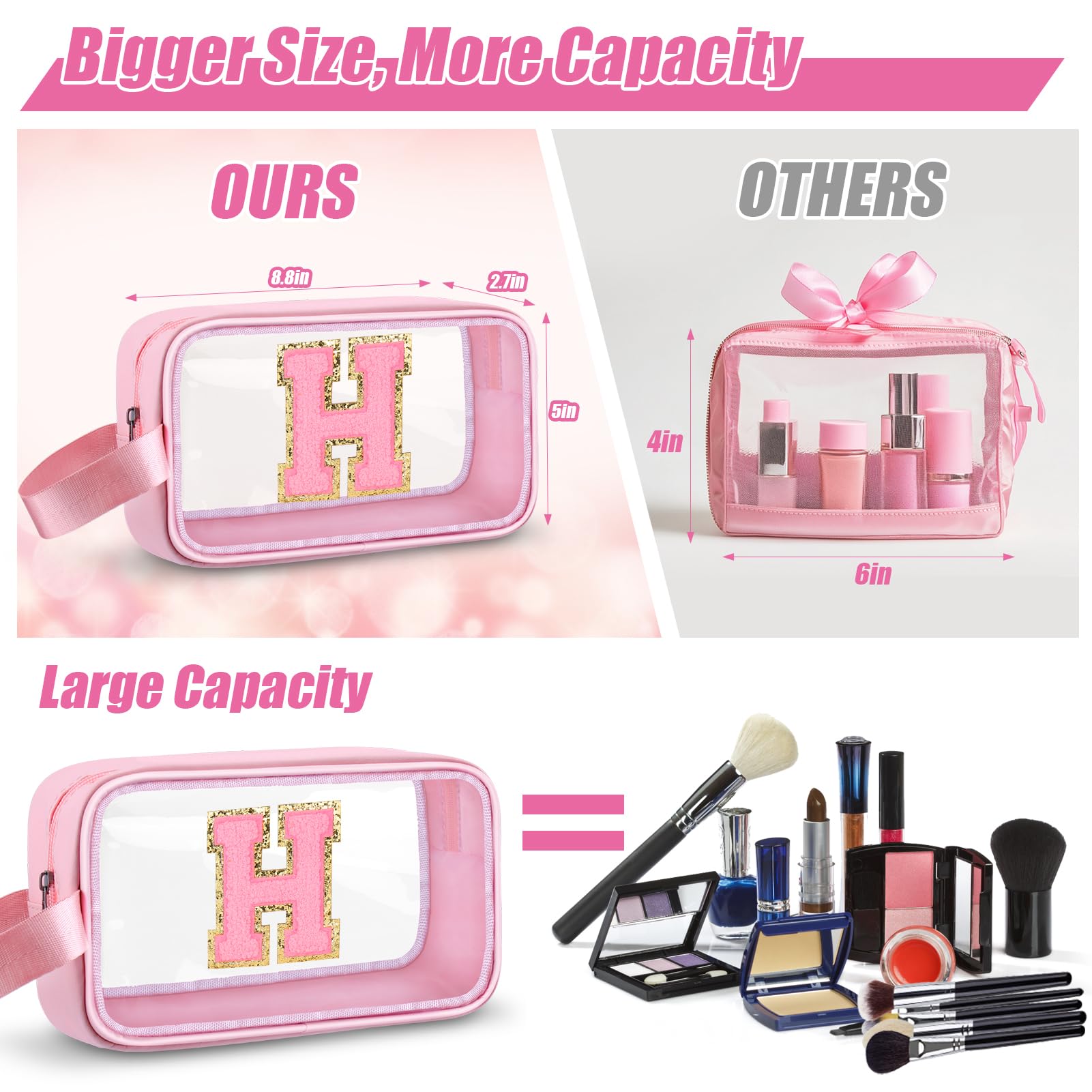 Vodolo Initial Makeup Bag,Letter H Cute Clear Monogrammed Cosmetic Travel Bag for Womens Girls,Personalized Pink Aesthetic Traveling Make Up Organizer Bag for Beach,Waterproof Toiletry Bag