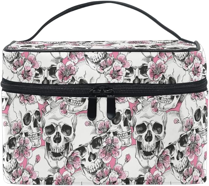 MNSRUU Makeup Bag, Halloween Skull Flowers And Pink Cherries Travel Makeup Organizer Bag Cosmetic Cases Toiletry Bags for Girl Women Ladies