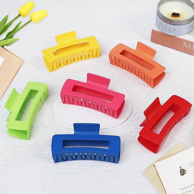 Sisiaipu 4 Inch Big Hair Claw Clips 6 Pcs Large Claw for Thick Hair Square Hair Clips for Women Rectangle Hair Clips Nonslip Acrylic Banana Jaw Clips Hair Accessories for Girls (Dopamine)
