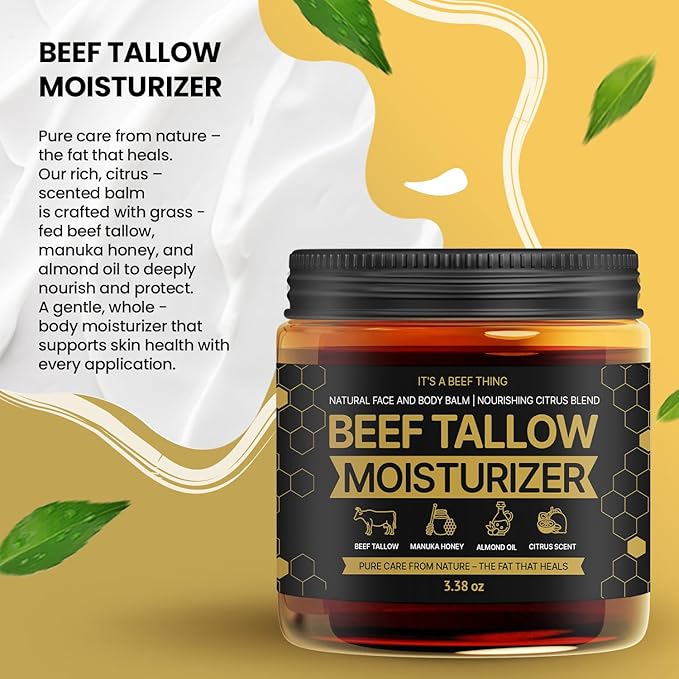 Tallow and Honey Balm for Skin & Face - 100% Grass-Fed Organic Whipped Beef Tallow Moisturizer with Manuka Honey, Sweet Almond Oil & Light Citrus Scent - Deep Barrier Repair & Body Butter (3.38 oz)