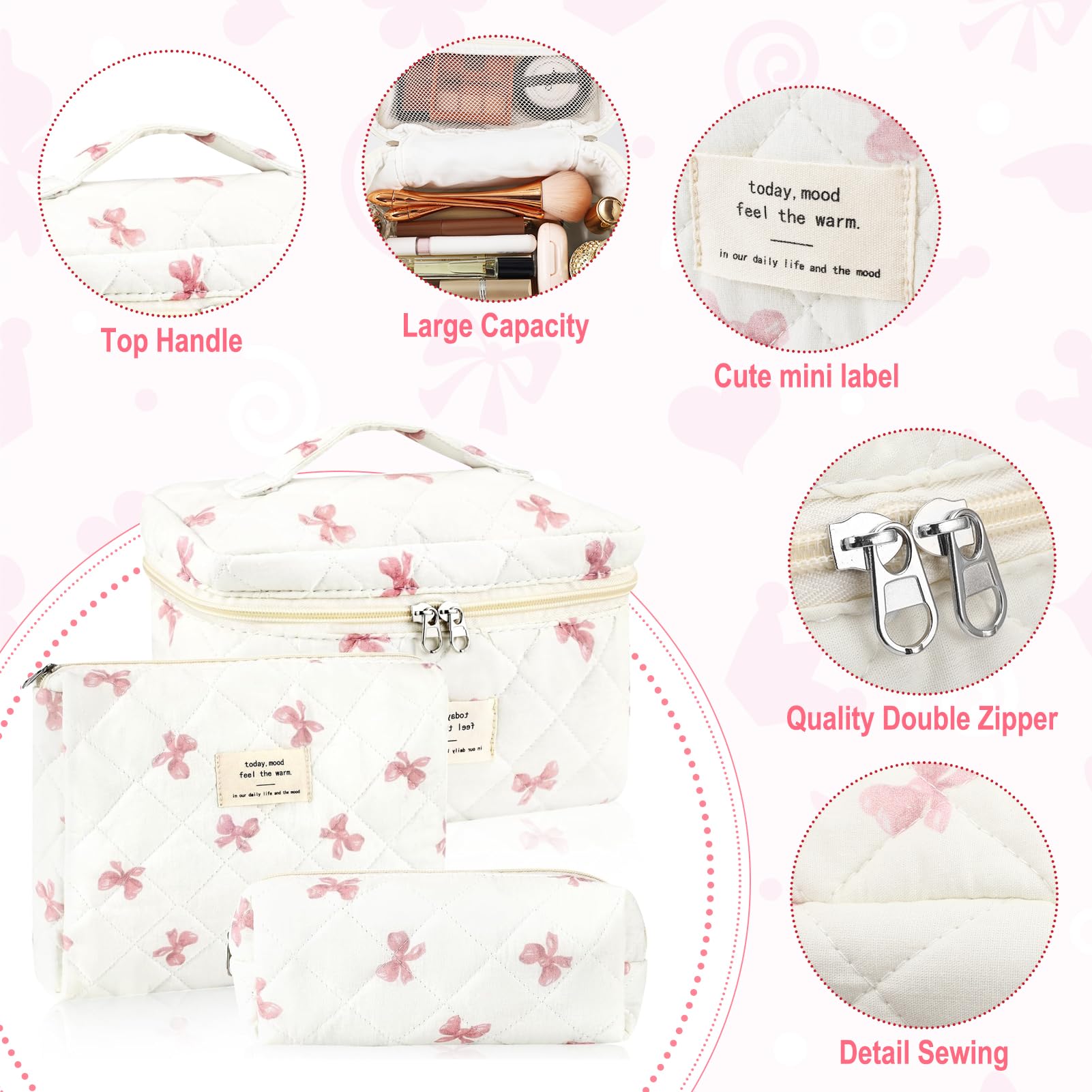 URSKYTOUS 3Pcs Cotton Quilted Makeup Bag for Women Extra Large Coquette Small Floral Travel Cosmetic Bag Set Aesthetic Cute Bow Makeup Pouch Portable Toiletry Bag Puffy Essential Storage Organizer