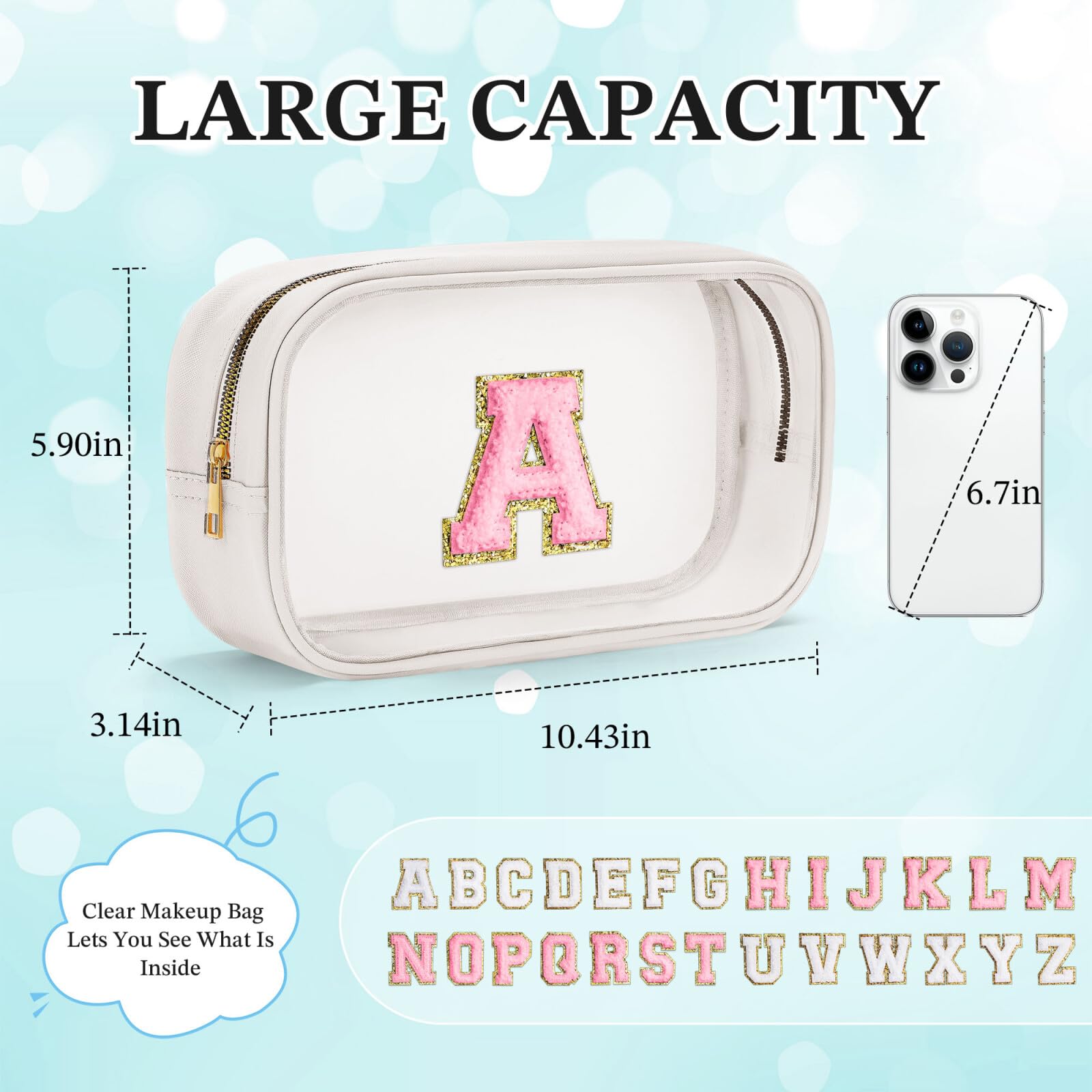 YOOLIFE Initial Travel Makeup Bag Pouch, Clear Toiletry Bag for Women Travel Accessories Cosmetic Bag Skin Care for Teen Make Up Bags Birthday Gifts for Women Unique Teacher Mom Friends Gifts White B
