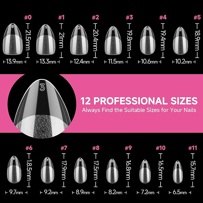 UNA GELLA Short Almond Nail Tips, 312pcs Short Almond Gel Nail Tips Shape Pre Etched Press On Nails Clear Acrylic Fake Nails No C Curve for Full Cover Nails Extension Home Art DIY Salon 12 Sizes