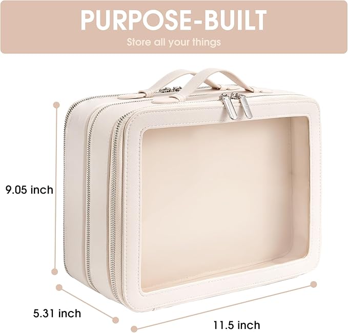 idoltimes Clear Makeup Bag,Large Toiletry Case for Women,PU Leather Travel Cosmetic Bag,Detachable Makeup Case,Double Compartment Make up Organizer
