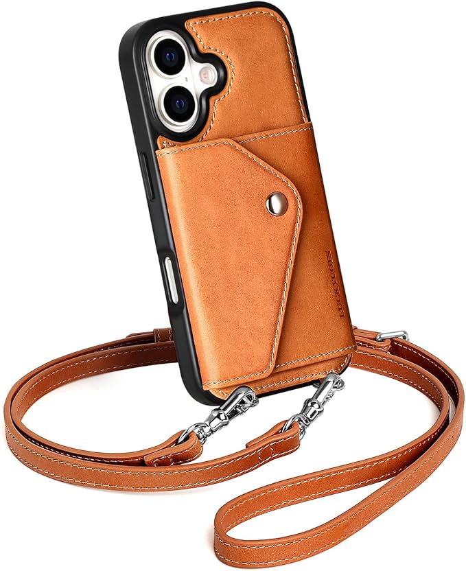 LUCKYCOIN Crossbody Phone Case for iPhone 17,100% Genuine Leather Phone Wallet Case for Women, Fashion Premium Hands-Free Phone Purse with Expandable Flip Card Holder & Adjustable Strap - Retro Brown