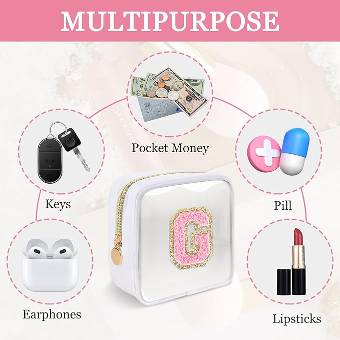 Mini Clear Personalized Initial Makeup Bag,Nylon Preppy A-Z Chenille Letter Patch Zipper Cosmetic Bag, Small Cute Beach Pouch Travel Purse Sanitary Napkin Storage Bag for Women Girls(White-Pink G)