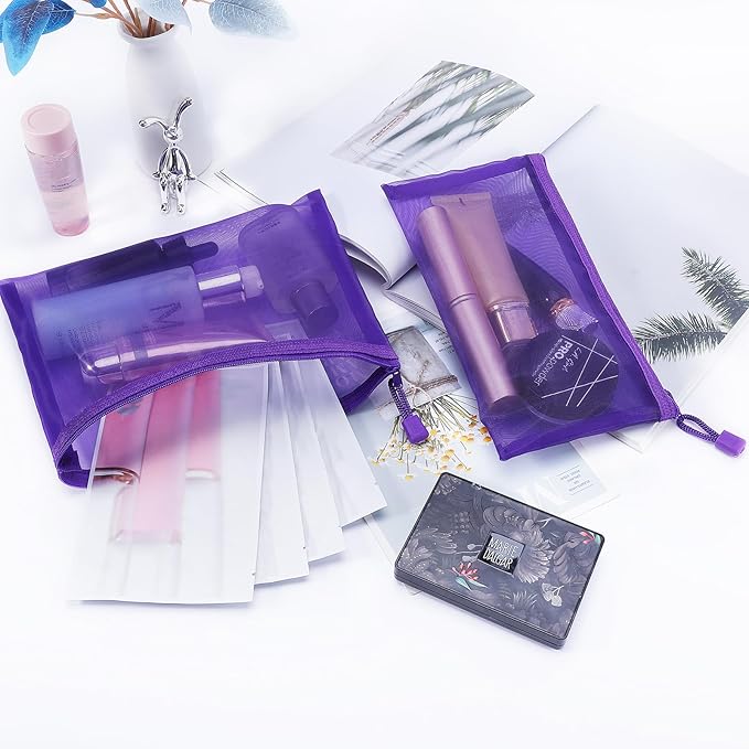 Sinzip 12 Pieces Zipper Nylon Mesh Pouch, Mesh Cosmetic Bags Makeup Bags Pencil Case, Multipurpose Travel Bags for Cosmetic School Office Supplies and Travel Accessories (Purple, A5)