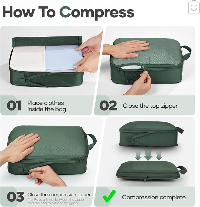 Veken 11 Set Compression Packing Cubes Garment Bags for Travel Essentials,Compressible Expandable Luggage Organizer Bags for Clothing,Space Saver Bags with Over 1000 pcs of Mesh Holes(Dark Green)