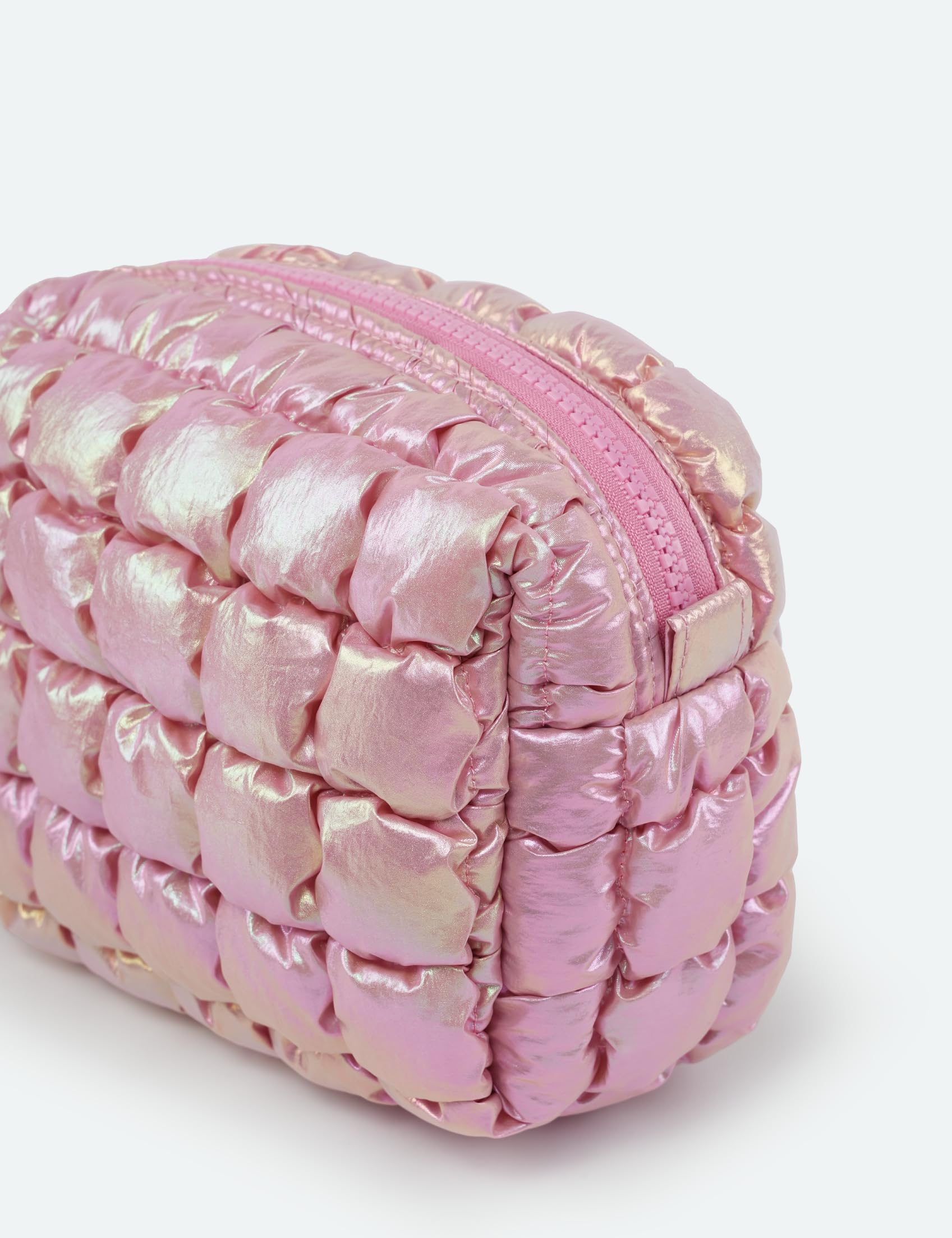 Yarnic Quilted Makeup Bag Cosmetic Bag, Travel Toiletry Bag for Women, Cute Makeup Bag Organizer Puffer Makeup Pouch (Iridescent Pink, S)