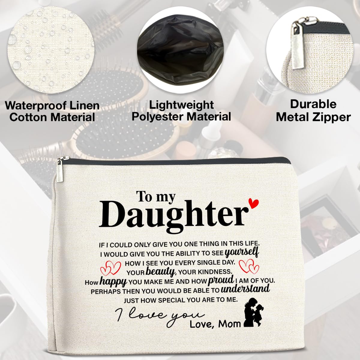UPNEGE Makeup Bag Daughter Gifts from Mom, Gifts for Daughter Cosmetic Bag Zipper Makeup Pouch Gift for Christmas Birthday Graduation