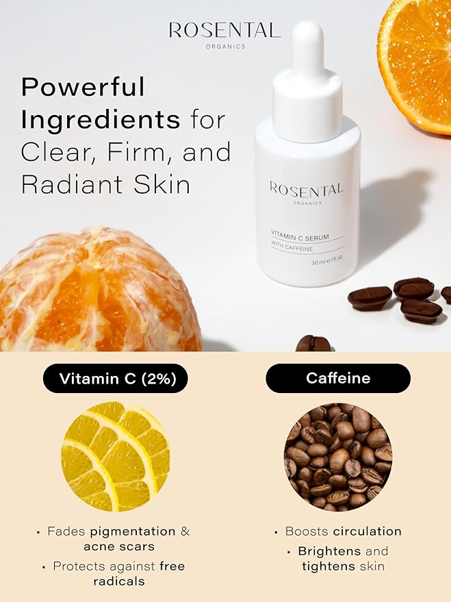 Rosental Organics Vitamin C Serum with Caffeine (30ml) - Hydrating Facial Serum - Against dark pigment spots and acne scars - Wrinkles - Brightening facial care - Natural Cosmetics - Made in Germany
