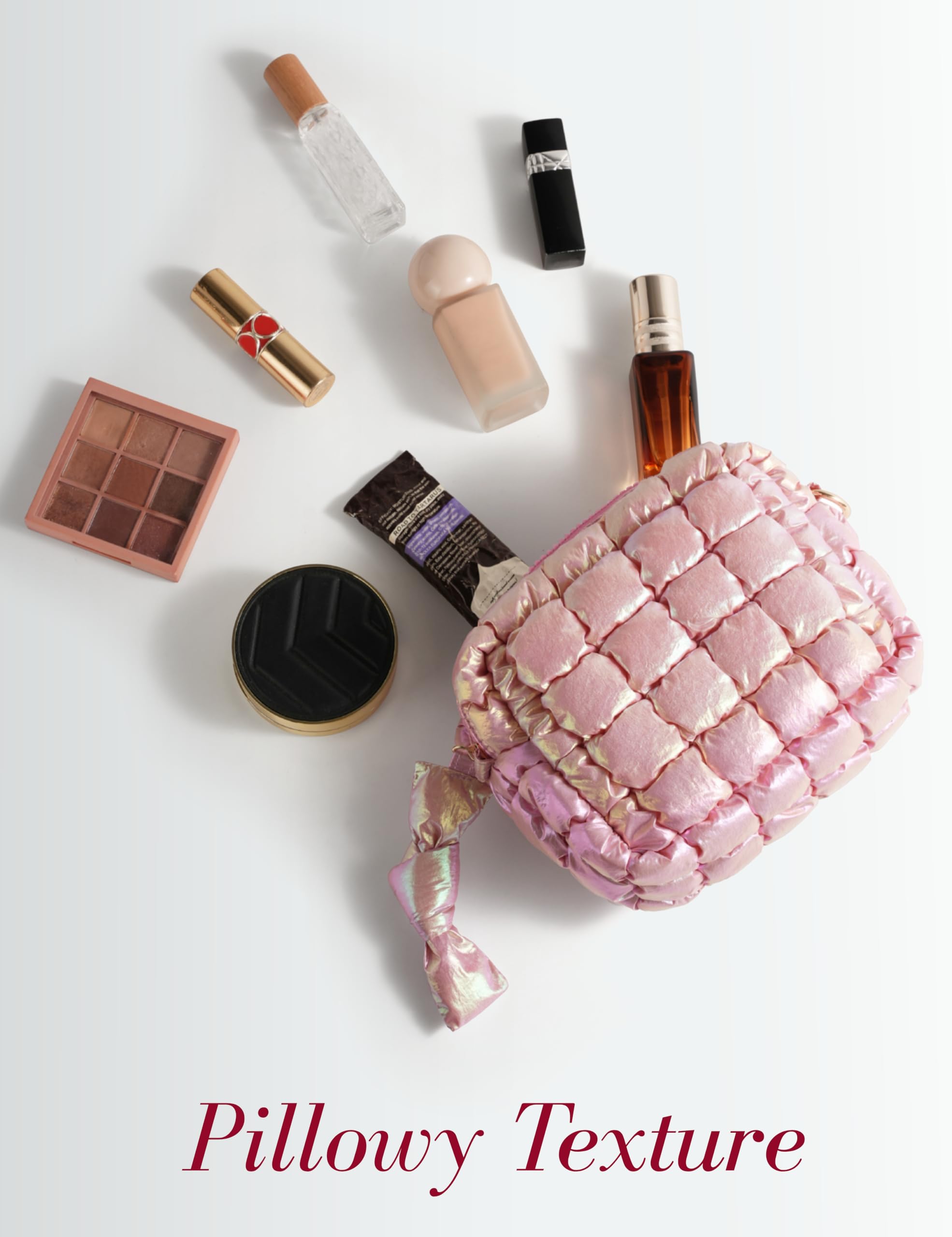 Yarnic Quilted Makeup Bag Cosmetic Bag, Travel Toiletry Bag for Women, Cute Makeup Bag Organizer Puffer Makeup Pouch (Iridescent Pink, S)