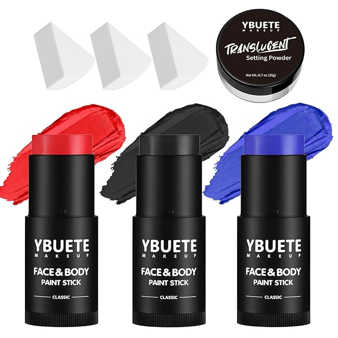 YBUETE Red Black Blue Face Body Paint Stick Set for Halloween Cosplay SFX