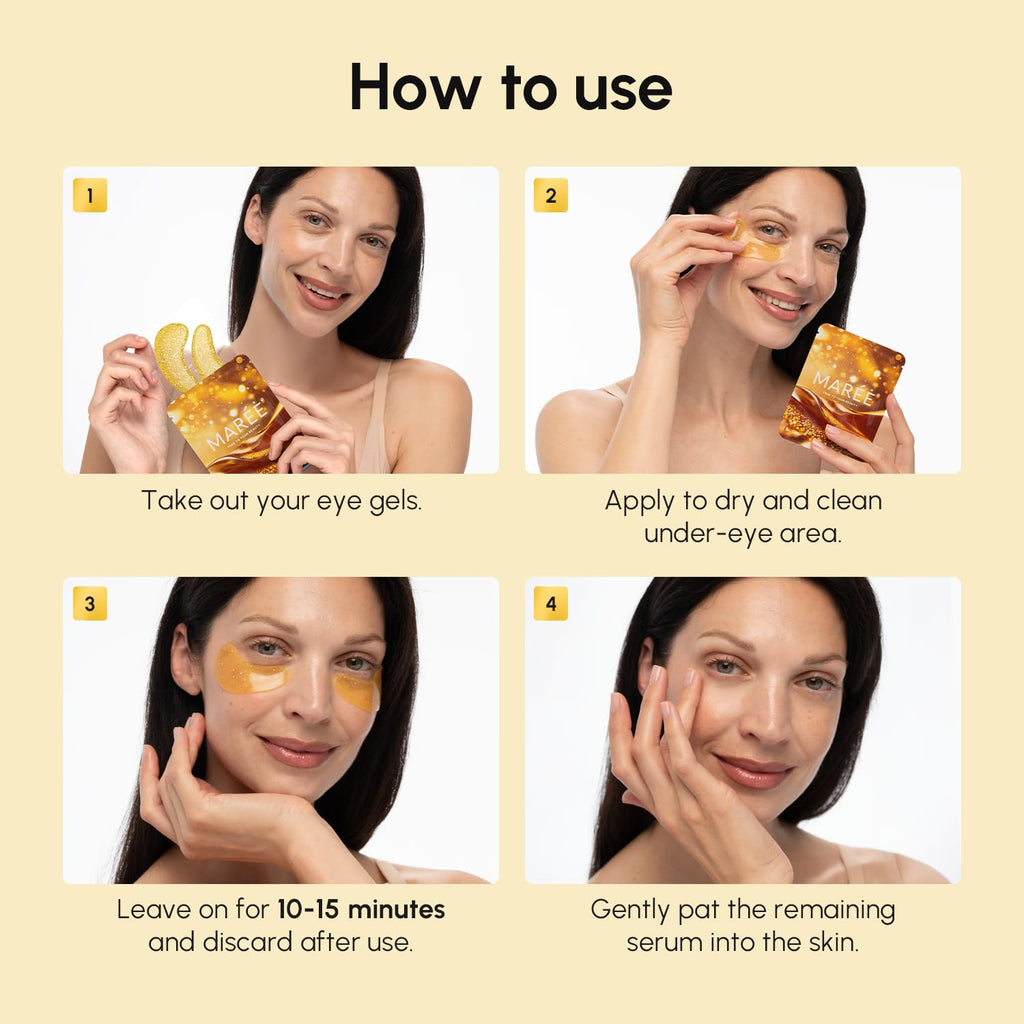 MAREE 24k Gold Glow Under Eye Gels for Dark Circles and Puffiness - Cooling Collagen & Hyaluronic Acid Skincare Gel Pads - Gold Eye Patches for Puffy Eyes and Dark Circles - Under Eye Masks