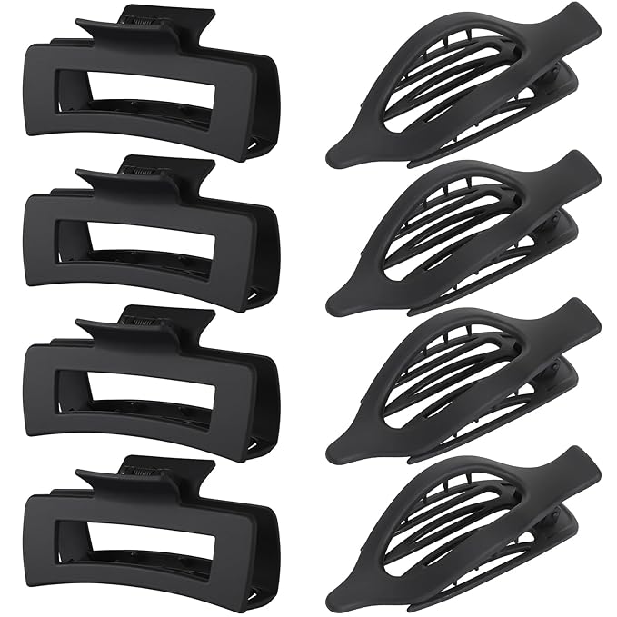 CHANDAT Hair Clips for Women 4.3 Inch Large Hair Claw Clips 8 pcs Square Claw Clips & Flat Hair Clips for Thick or Thin Hair French Concord Hair Barrettes Alligator Hair Accessories for Women (Black)