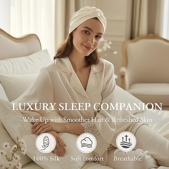 SYSERAN 100% Mulberry Silk Bonnet for Sleeping - Women Natural Curly Hair Night Cap Luxury Sleep Head Wrap with Elastic Band(Beige)