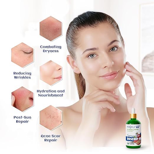 HIQILI Organic Rosehip Seed Oil Cold Pressed for Face Care & Hydrating Skin