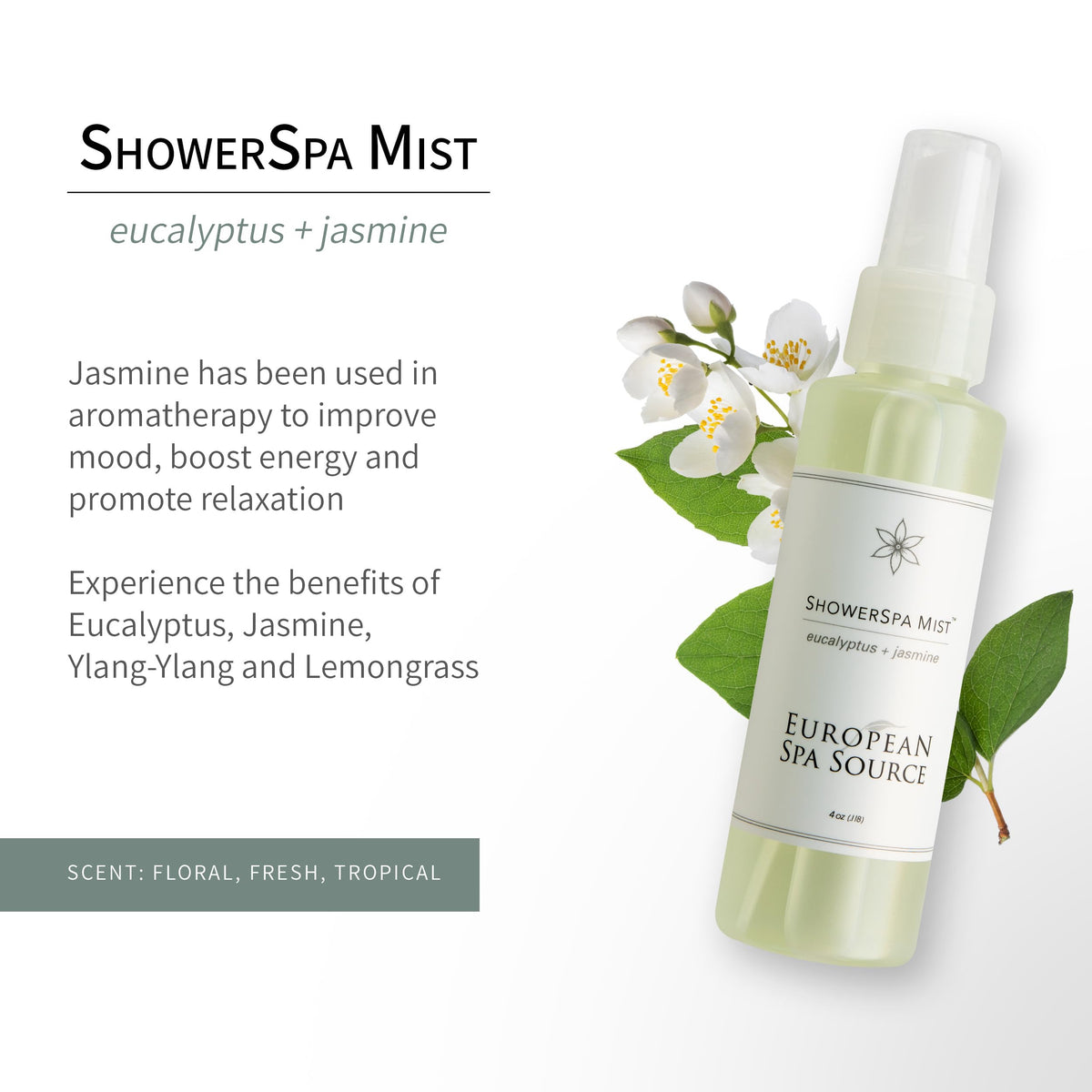European Spa Source Jasmine + Eucalyptus ShowerSpa Mist, 4 Fl Oz