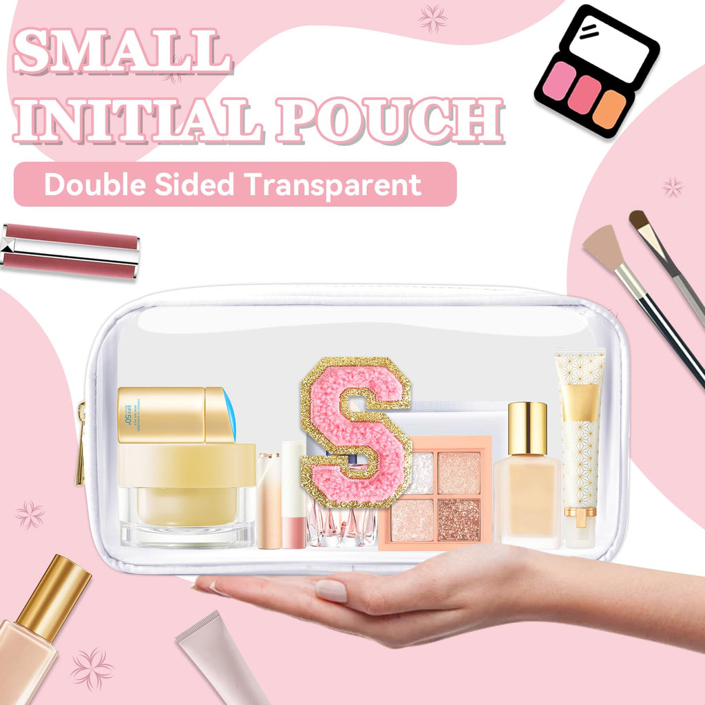 Small Clear Personalized Initial Makeup Bag,Nylon Preppy A-Z Chenille Letter Patch Cosmetic Pouch Beach Toiletry Bag,Waterproof Zipper Travel Purse Storage Bag Organizer for Women Girls(White-Pink S)