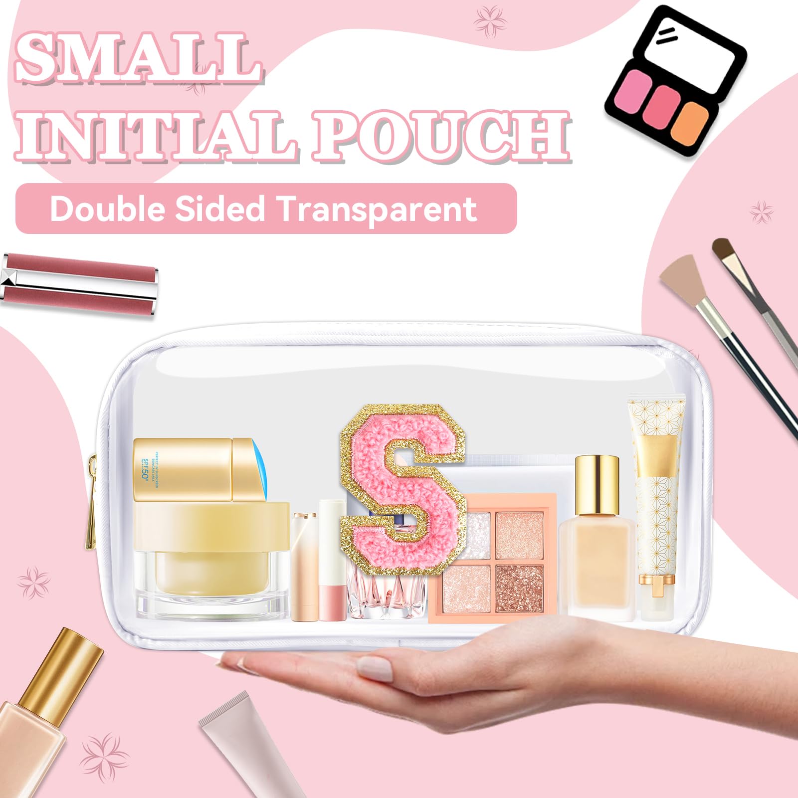 Small Clear Personalized Initial Makeup Bag,Nylon Preppy A-Z Chenille Letter Patch Cosmetic Pouch Beach Toiletry Bag,Waterproof Zipper Travel Purse Storage Bag Organizer for Women Girls(White-Pink S)