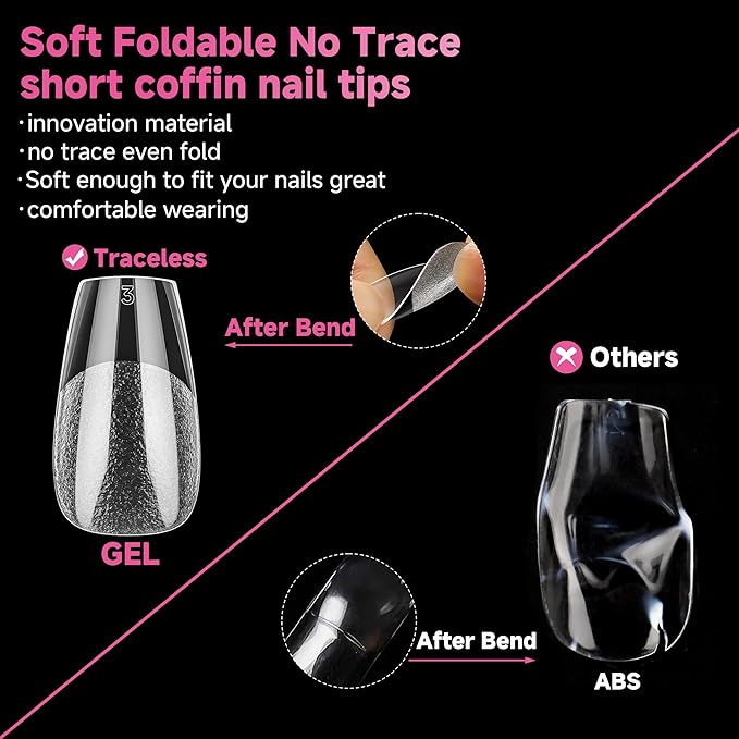 UNA GELLA Short Coffin Nail Tips, 312pcs Short Coffin Gel Nails Tips, Pre-shape Half Matte Fake Nails 12 Sizes Full Cover Press on Nails for Acrylic Nail Extension DIY Salon at Home