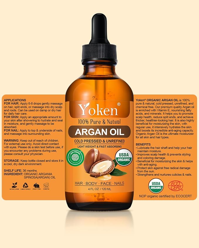 Yoken USDA Argan Oil 4oz, Cold Pressed Oil with Dropper for Hair Scalp Face